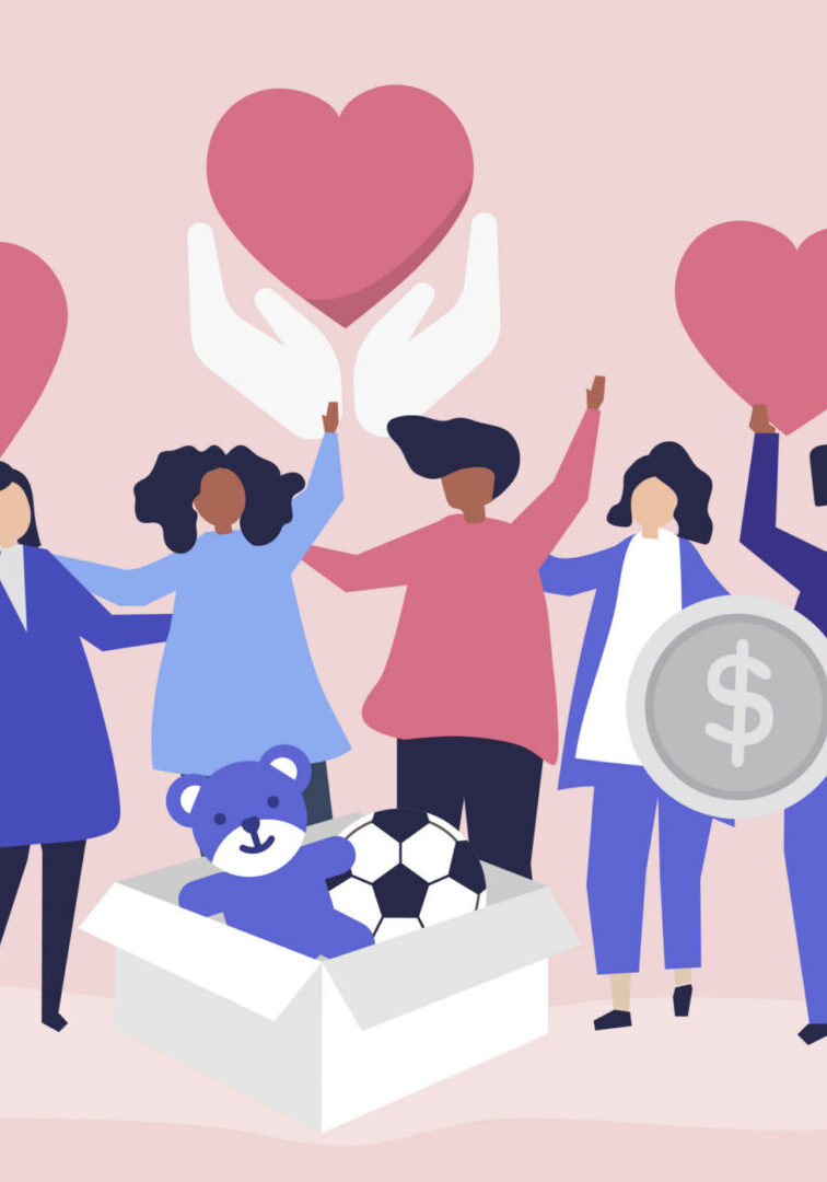 People volunteering and donating money and items  to a charitable cause